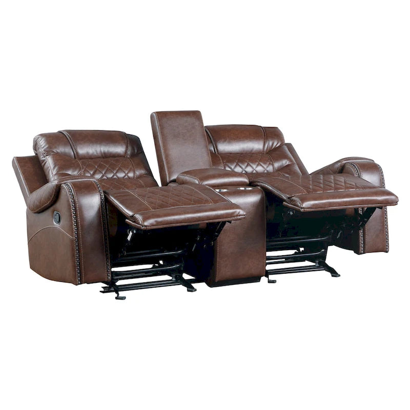 Causeuse Inclinable Manuelle de 78 Pouces, Console Porte-Gobelet en Similicuir Marron