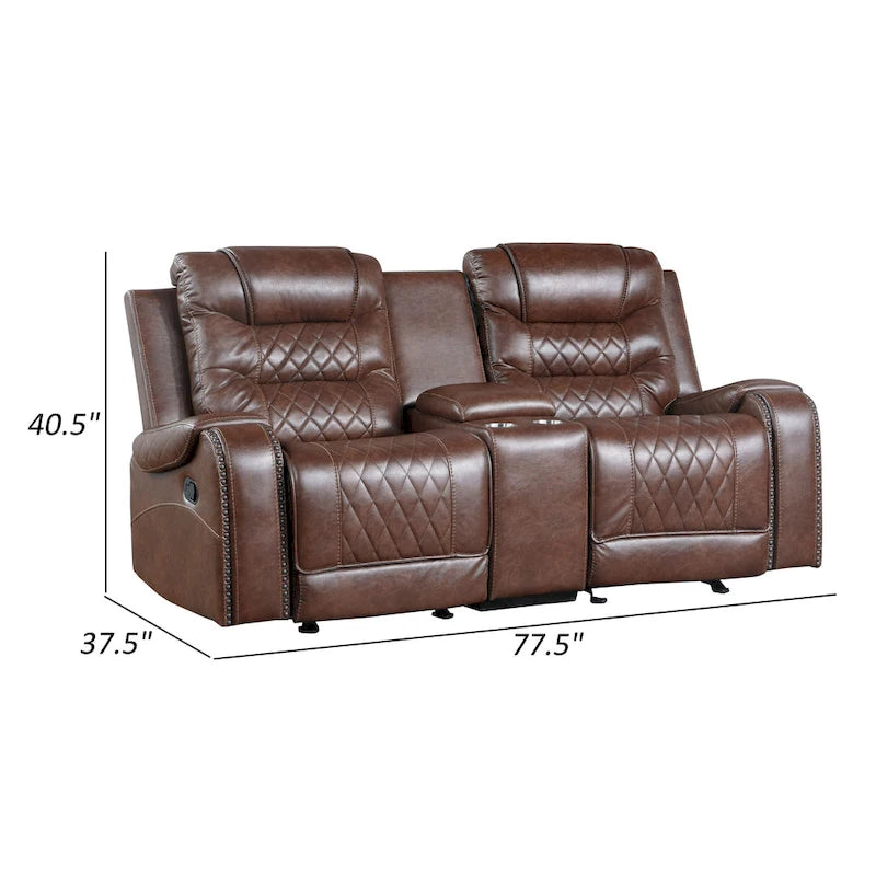 Causeuse Inclinable Manuelle de 78 Pouces, Console Porte-Gobelet en Similicuir Marron