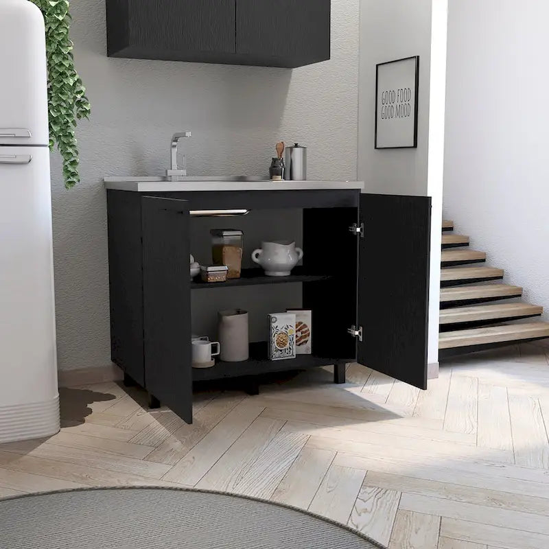 2 éviers de service avec meuble, plan de travail en acier inoxydable, étagère intérieure