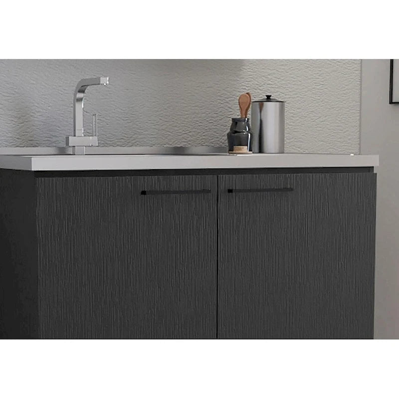 2 éviers de service avec meuble, plan de travail en acier inoxydable, étagère intérieure