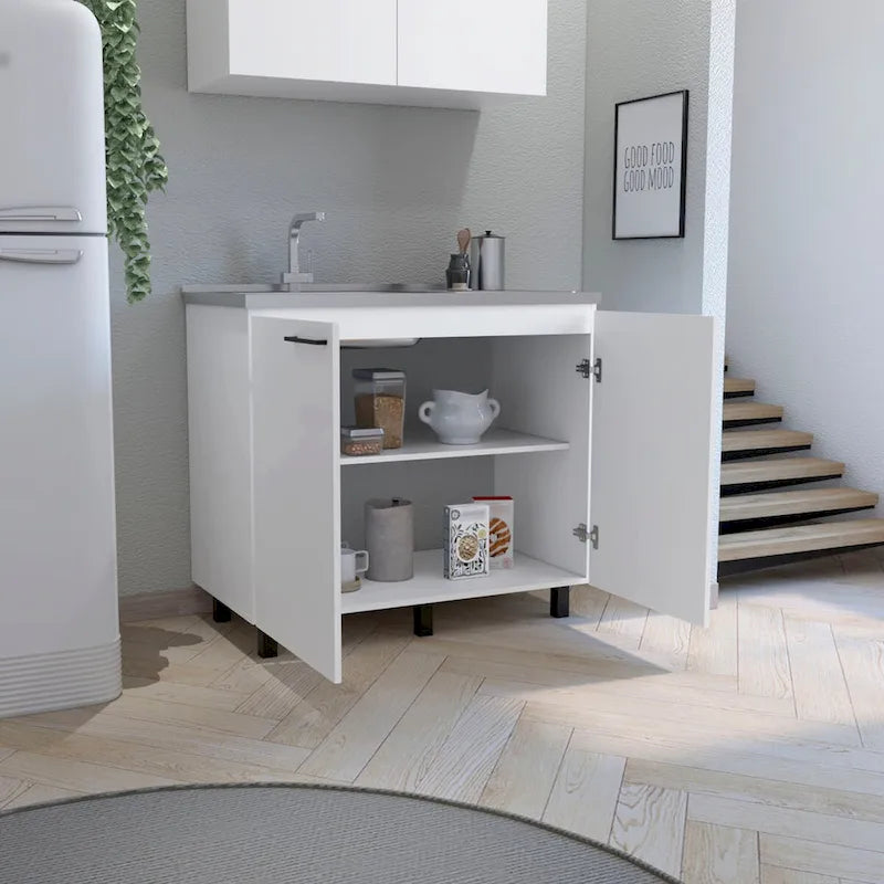 2 éviers de service avec meuble, plan de travail en acier inoxydable, étagère intérieure