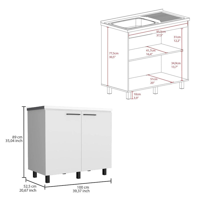 2 éviers de service avec meuble, plan de travail en acier inoxydable, étagère intérieure