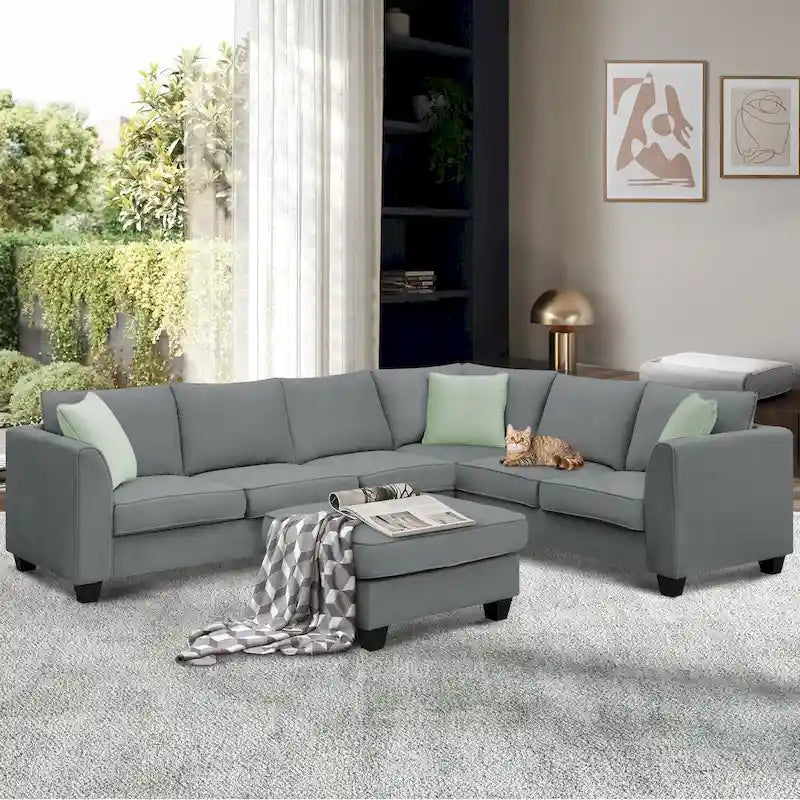 Canapé d'angle 112*87 Ensembles de salon, Canapé d'angle 7 places avec pouf, Ensemble de canapé d'angle en forme de L avec 3 coussins