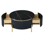 Table basse ronde moderne avec 2 grands tiroirs de rangement, table d'appoint avec plateau à motif marbre