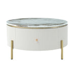 Table basse ronde moderne avec 2 grands tiroirs de rangement, table d'appoint avec plateau à motif marbre