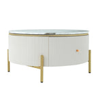 Table basse ronde moderne avec 2 grands tiroirs de rangement, table d'appoint avec plateau à motif marbre