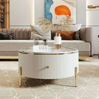 Table basse ronde moderne avec 2 grands tiroirs de rangement, table d'appoint avec plateau à motif marbre
